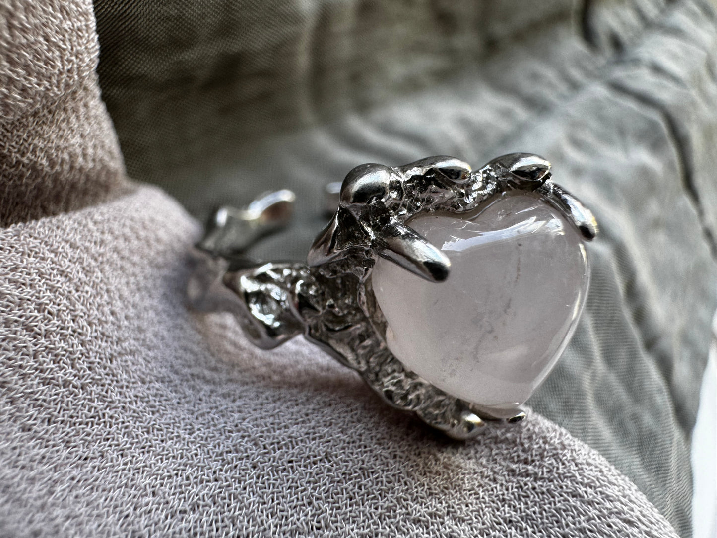 Heart shaped pink quartz Sterling silver ring