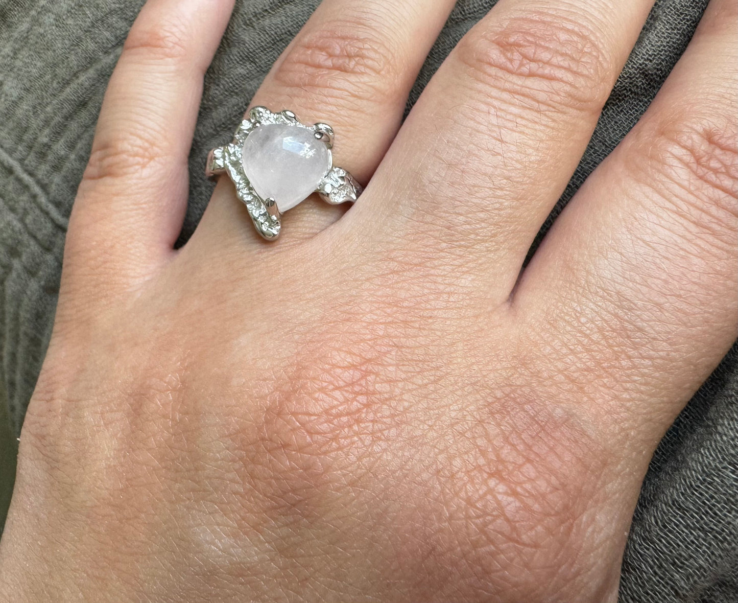 Heart shaped pink quartz Sterling silver ring