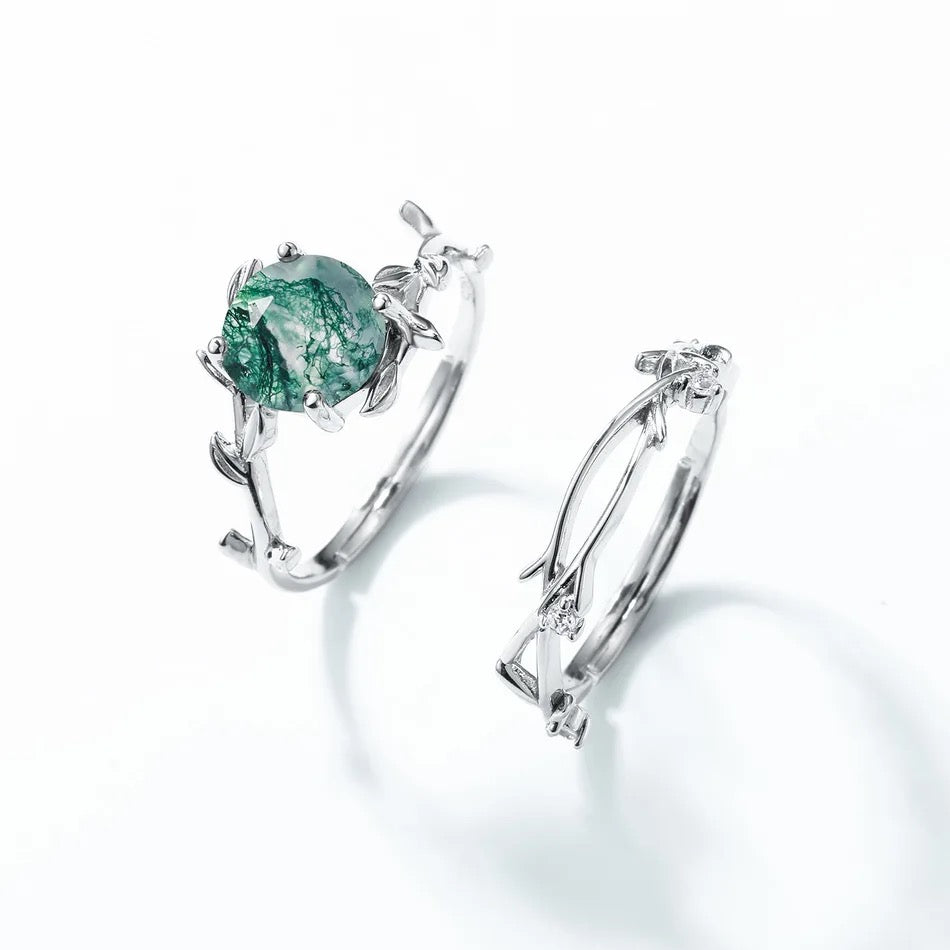 Set of 2 rings with moss agate and zircons