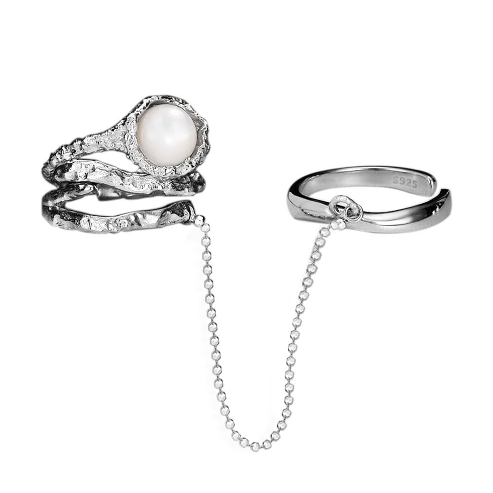 Double ring with shell stone and chain