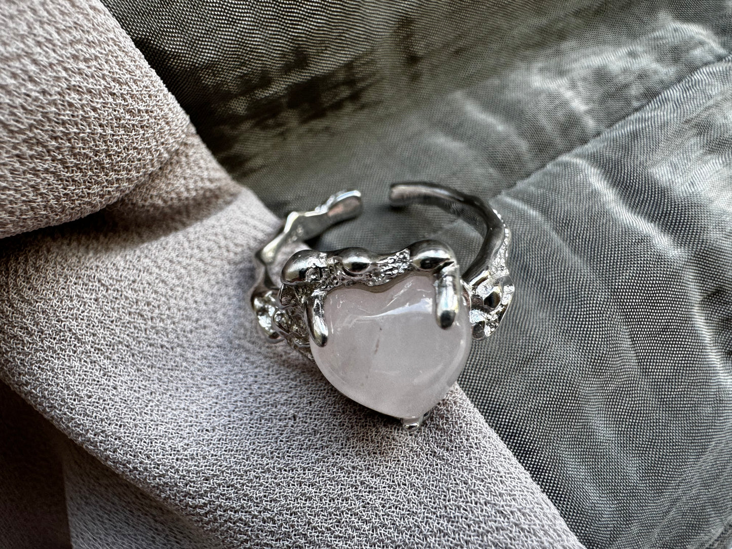 Heart shaped pink quartz Sterling silver ring