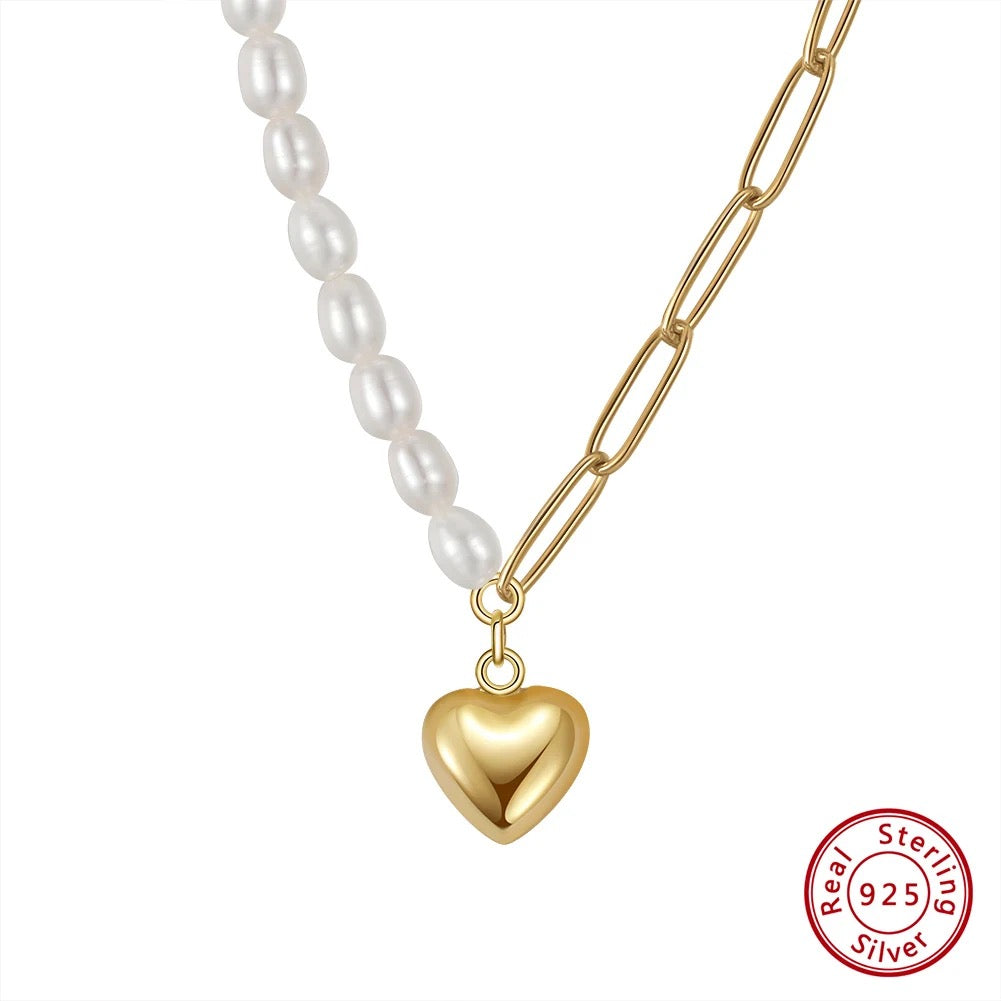 Pearl necklace with gold heart