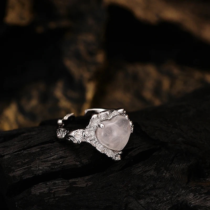 Heart shaped pink quartz Sterling silver ring