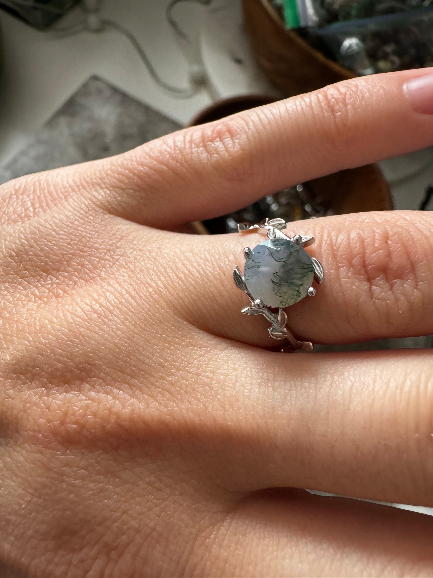 Set of 2 rings with moss agate and zircons